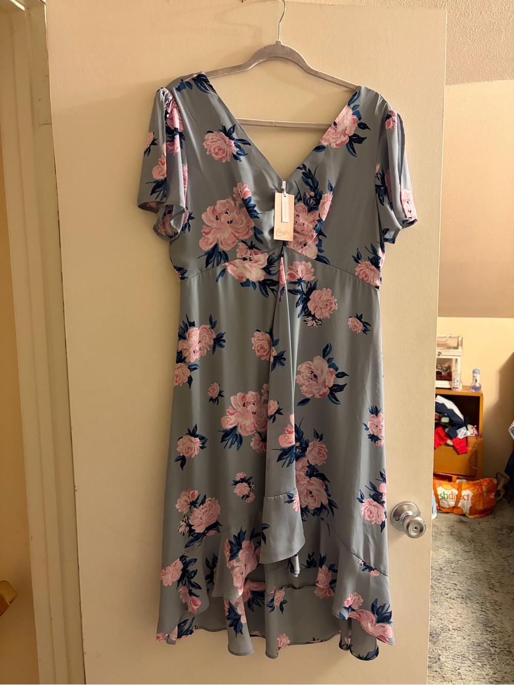 Candie's Dusty Gray Wrap Dress with Pink Floral Print